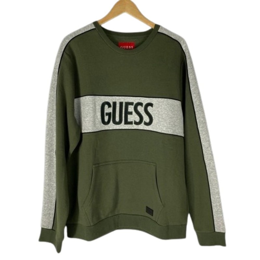 GUESS Iben Y2K Fleece Sweatshirt Men XL Spooky Forrest Green Colorblock CrewNeck